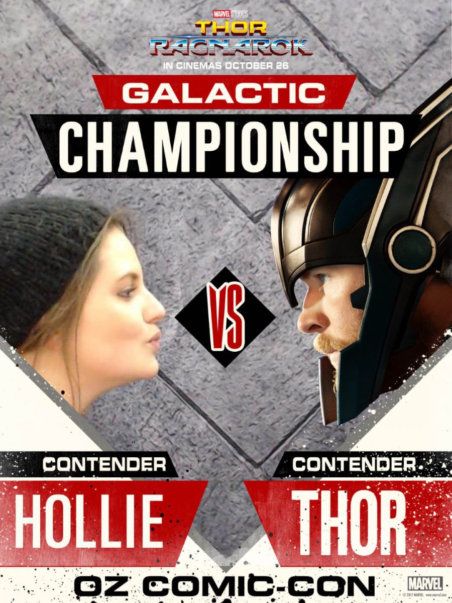 a woman inserted into a promotional poster for Thor facing off against him