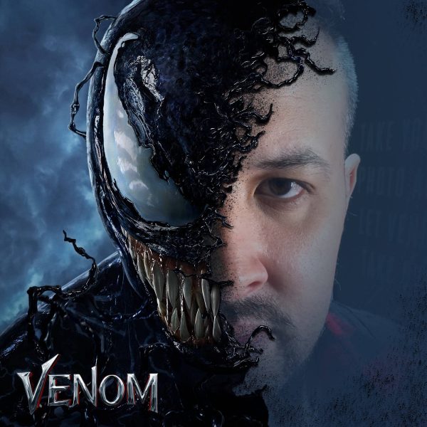 output photo showing a man with half a face that looks like the character from the venom movie